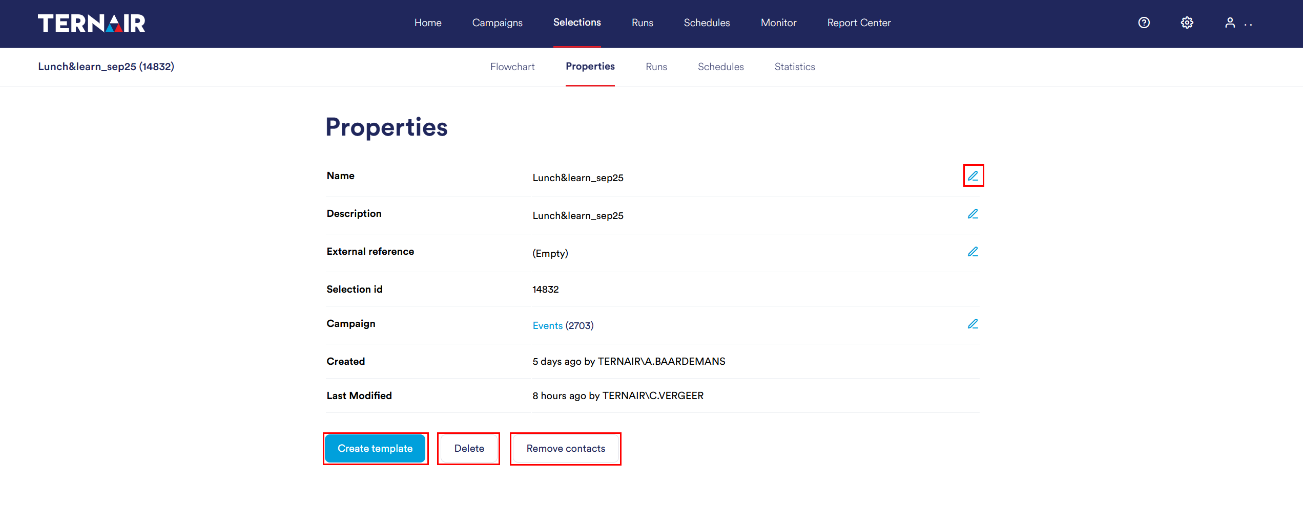 Selection properties | Ternair Campaign